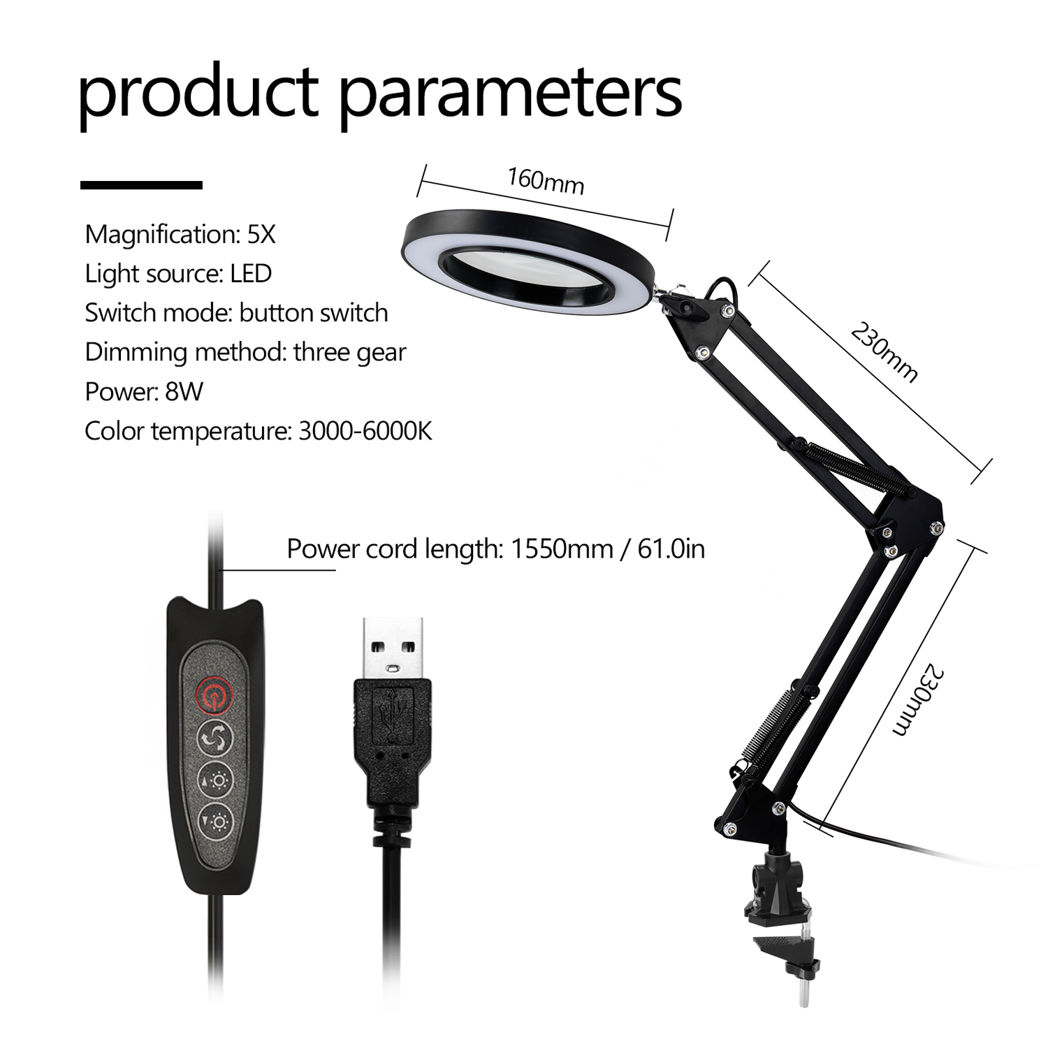 Lighting LED 5X Magnifying Glass Desk Lamp with Clamp Hands USB-powered LED Lamp Magnifier with 3 Modes Dimmable