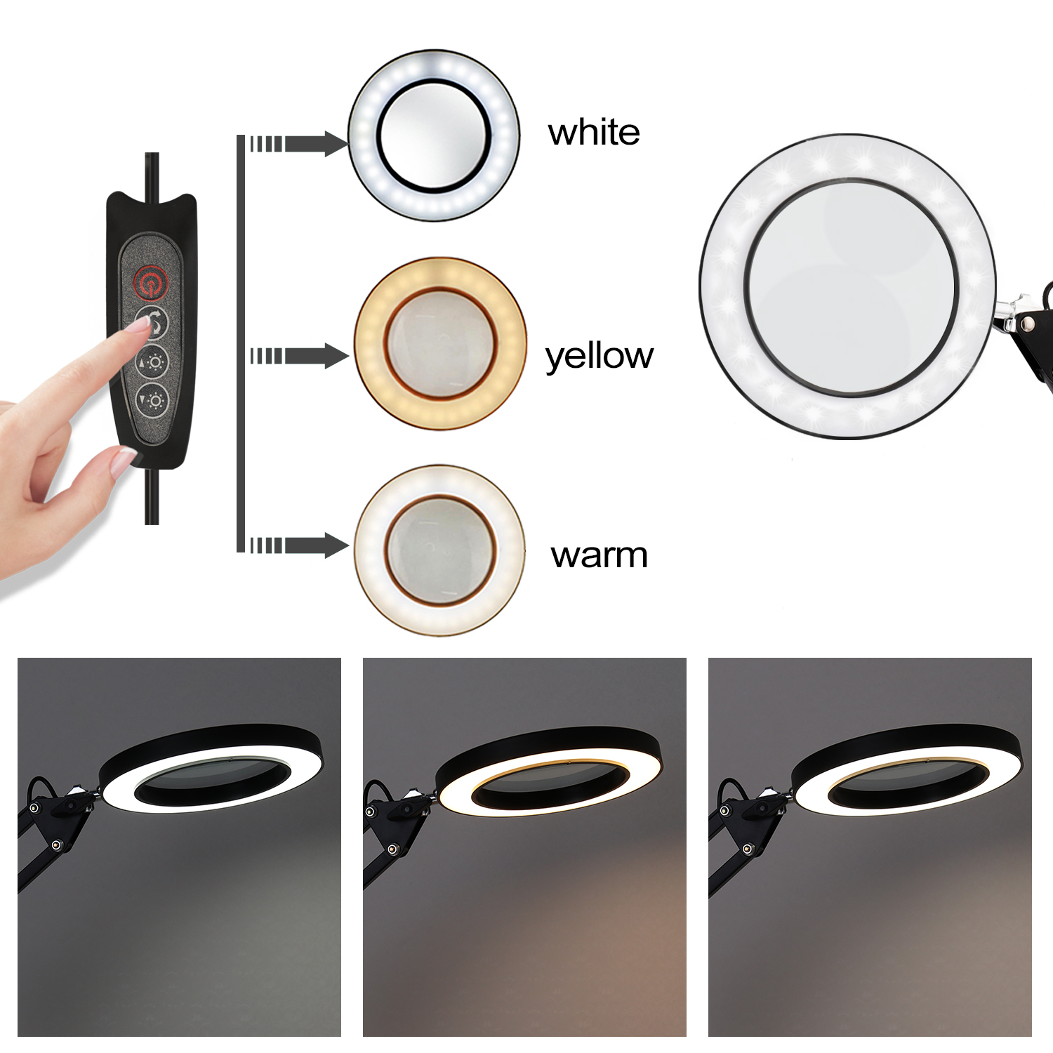 Lighting LED 5X Magnifying Glass Desk Lamp with Clamp Hands USB-powered LED Lamp Magnifier with 3 Modes Dimmable