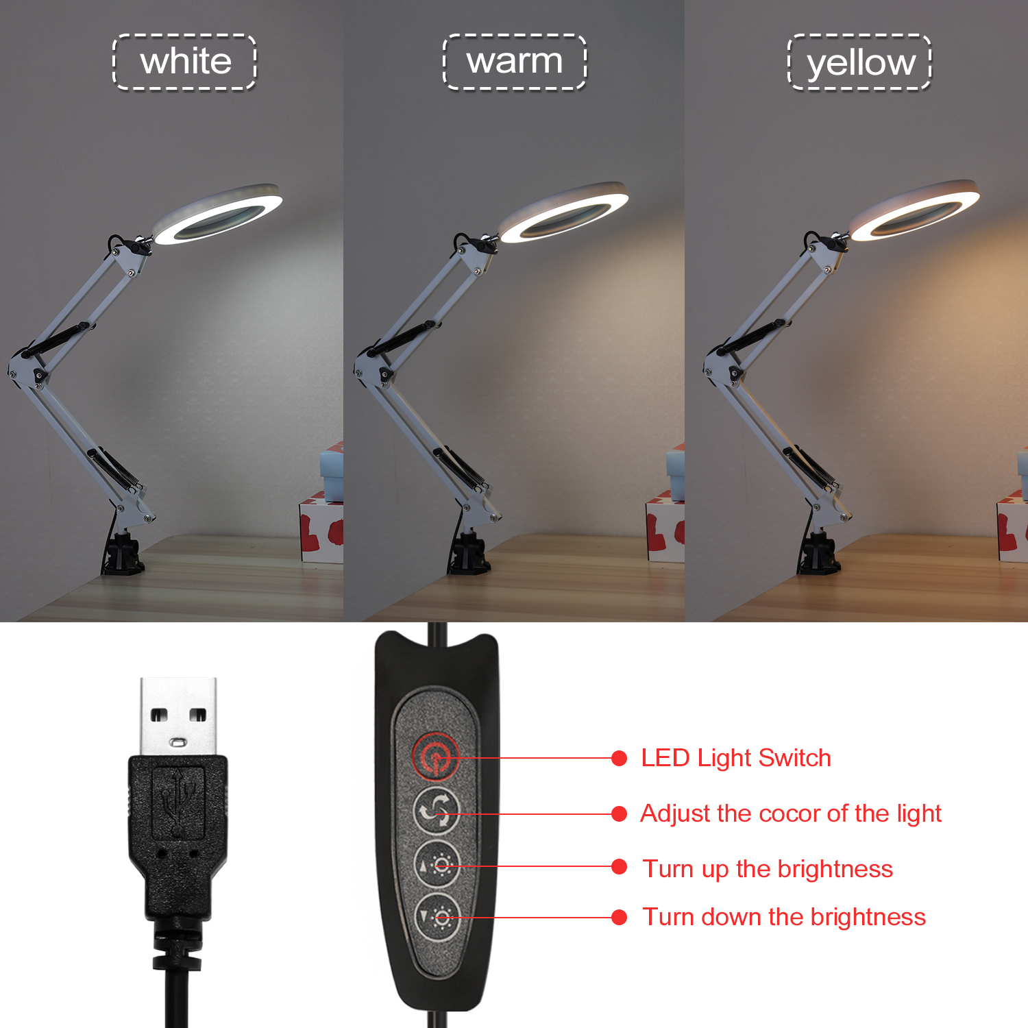 Lighting LED 5X Magnifying Glass Desk Lamp with Clamp Hands USB-powered LED Lamp Magnifier with 3 Modes Dimmable