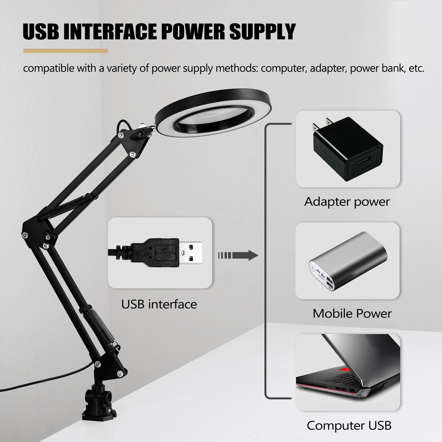 Lighting LED 5X Magnifying Glass Desk Lamp with Clamp Hands USB-powered LED Lamp Magnifier with 3 Modes Dimmable