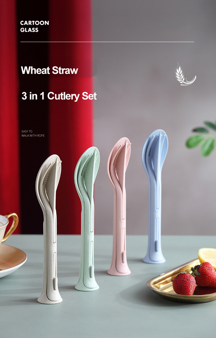 3pcs/set Wheat Straw Cutlery Set 3 in 1 Portable Knife Fork Spoon Multifunctional Dinnerware Set Kitchen Tableware Set