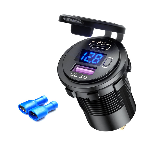 PD and QC3.0 Dual USB Car Charger with Switch Button LED Voltage Display Suitable for 12V/24V Cars Ships and Motorcycles