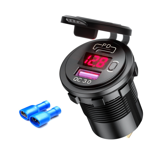 PD and QC3.0 Dual USB Car Charger with Switch Button LED Voltage Display Suitable for 12V/24V Cars Ships and Motorcycles