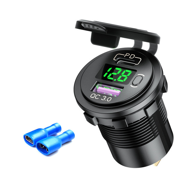 PD and QC3.0 Dual USB Car Charger with Switch Button LED Voltage Display Suitable for 12V/24V Cars Ships and Motorcycles