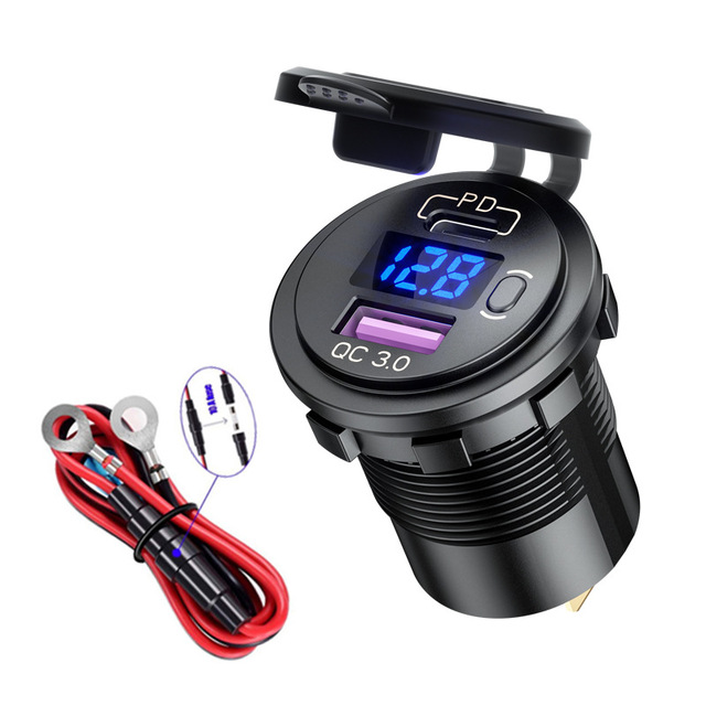 PD and QC3.0 Dual USB Car Charger with Switch Button LED Voltage Display Suitable for 12V/24V Cars Ships and Motorcycles