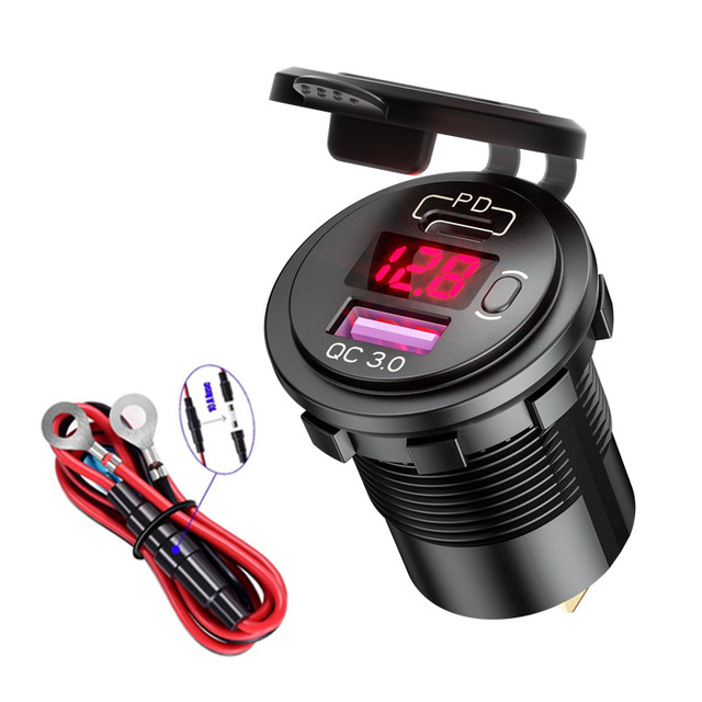 PD and QC3.0 Dual USB Car Charger with Switch Button LED Voltage Display Suitable for 12V/24V Cars Ships and Motorcycles