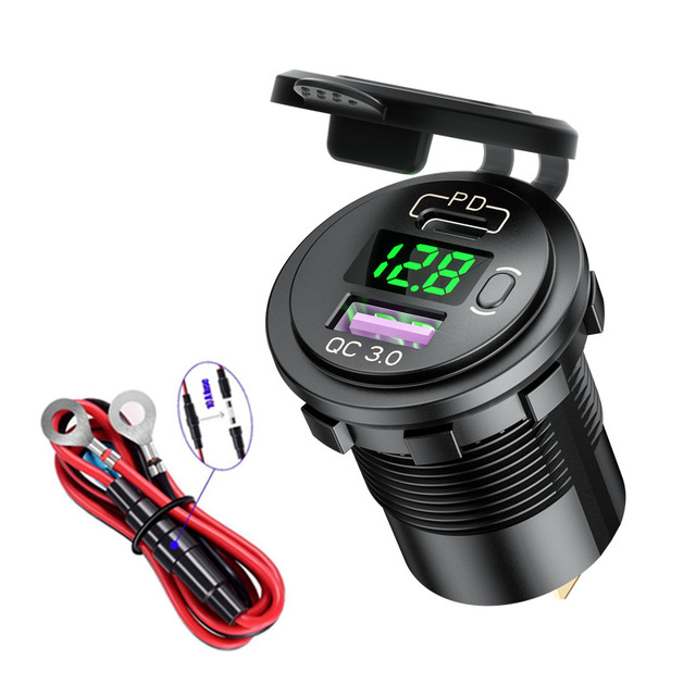 PD and QC3.0 Dual USB Car Charger with Switch Button LED Voltage Display Suitable for 12V/24V Cars Ships and Motorcycles