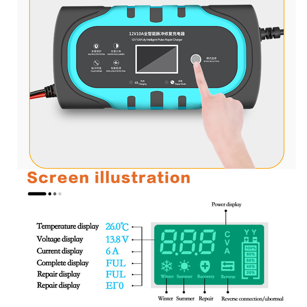 Car Battery Charger 12V 10A Auto Smart Battery Charger LCD Touch Screen Display Pulse Repairing Charger For Wet Dry Lead Acid