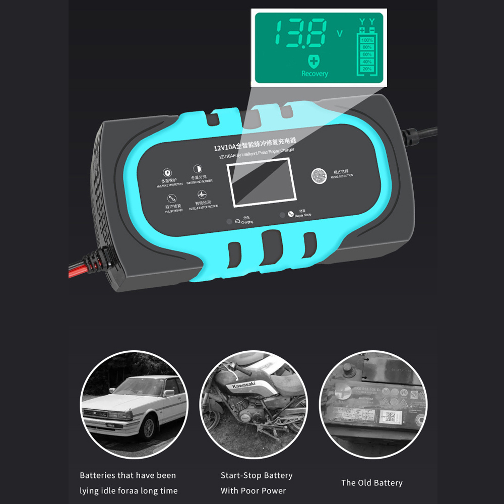 Car Battery Charger 12V 10A Auto Smart Battery Charger LCD Touch Screen Display Pulse Repairing Charger For Wet Dry Lead Acid