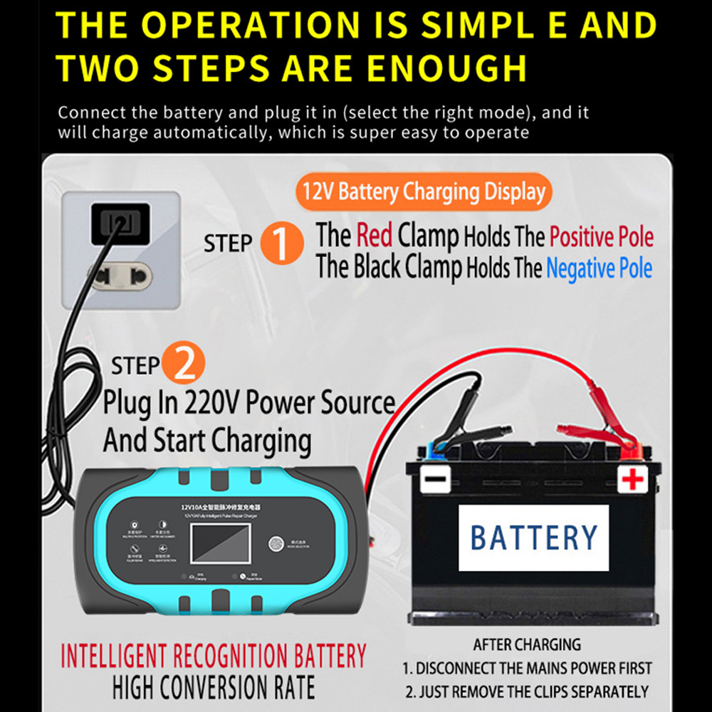 Car Battery Charger 12V 10A Auto Smart Battery Charger LCD Touch Screen Display Pulse Repairing Charger For Wet Dry Lead Acid