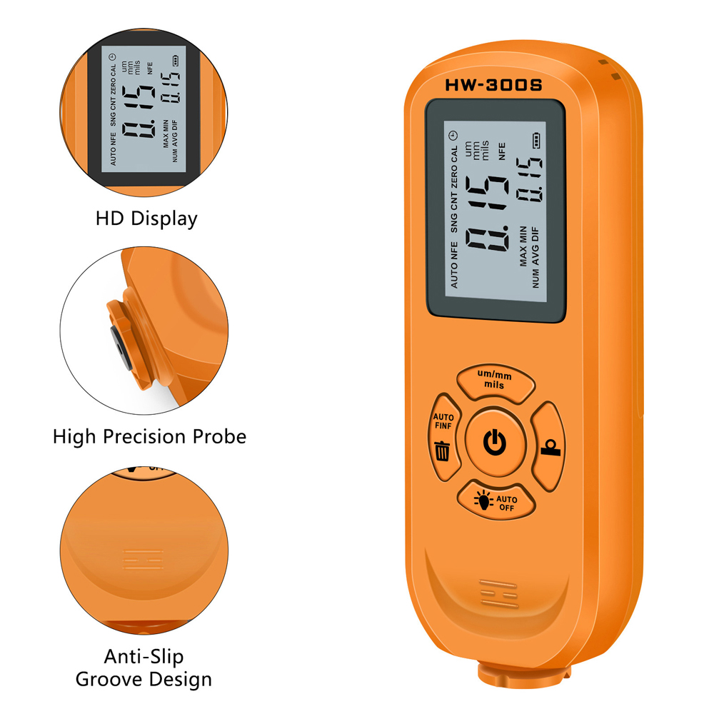 HW-300S Coating Thickness Gauge High Accurancy Digital Paint Film Thickness Tester LCD Backlight Display Thickness Measure Tool
