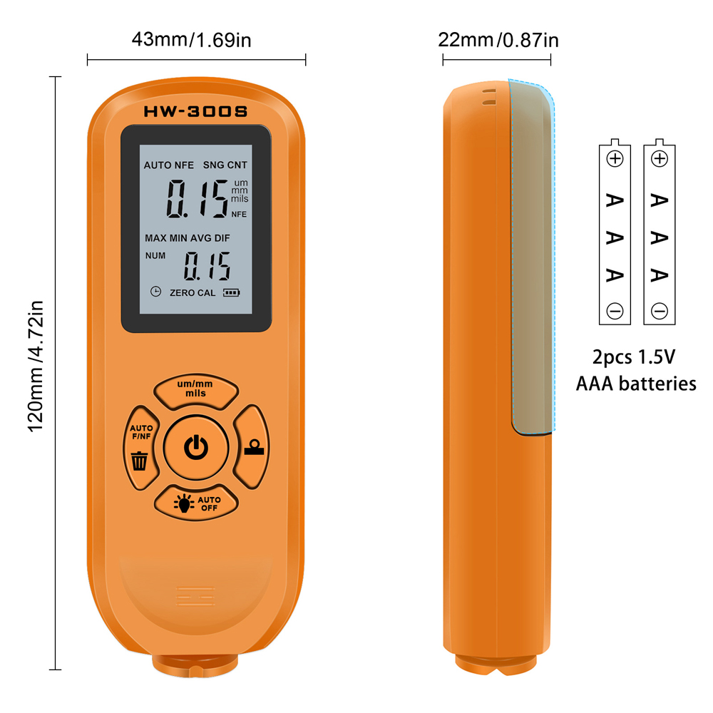 HW-300S Coating Thickness Gauge High Accurancy Digital Paint Film Thickness Tester LCD Backlight Display Thickness Measure Tool
