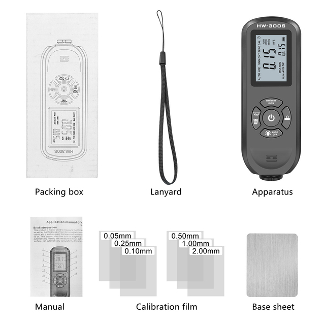 HW-300S Coating Thickness Gauge High Accurancy Digital Paint Film Thickness Tester LCD Backlight Display Thickness Measure Tool