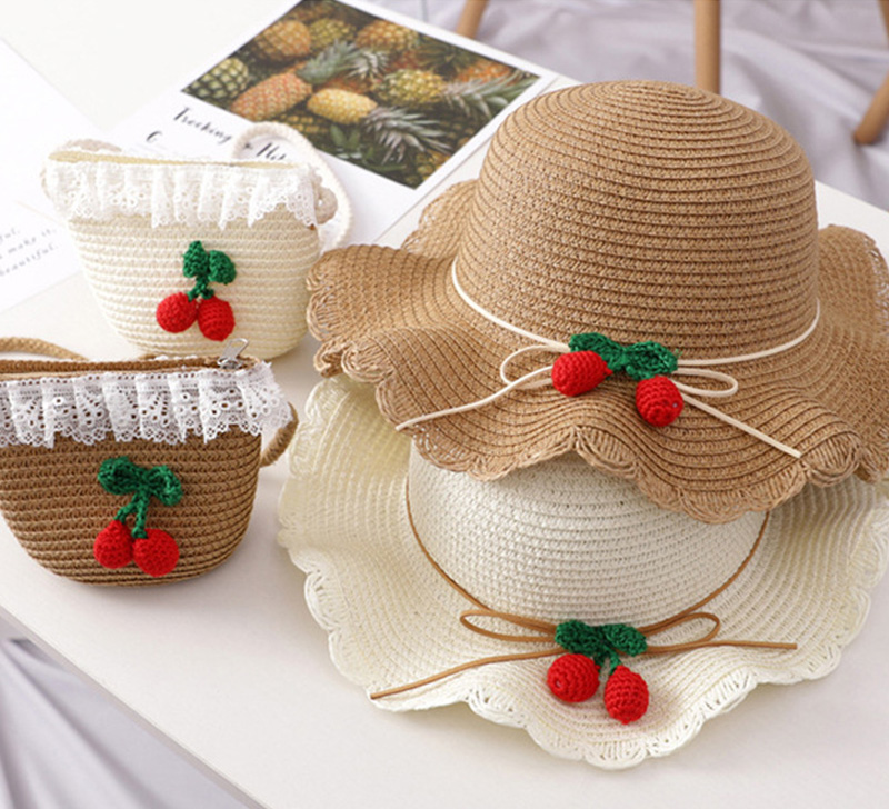New Summer Baby Girl Straw Hat Handbag Set Outdoor Holiday Kids Girls Cherry Beach Sun Hats Children Panama Cap And Bag Suit