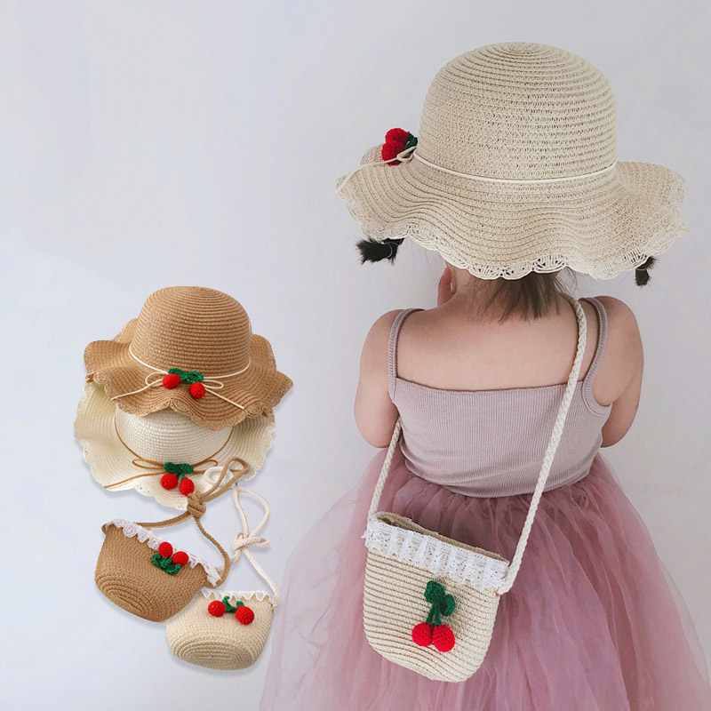 New Summer Baby Girl Straw Hat Handbag Set Outdoor Holiday Kids Girls Cherry Beach Sun Hats Children Panama Cap And Bag Suit