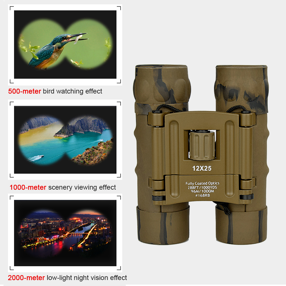 12×25 Binoculars Waterproof Camouflage Telescope BAK4 High Magnification High clarity High Resolution Handheld Telescope