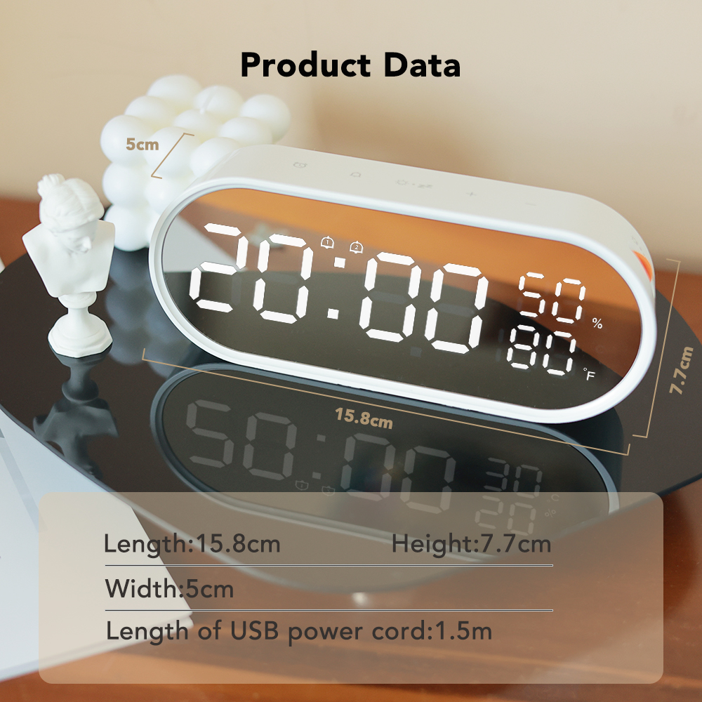 Mirror Digital Alarm Clock Touch Control Table Clock with Snooze Backlight Large LED Display Time Temperature Humidity Detector