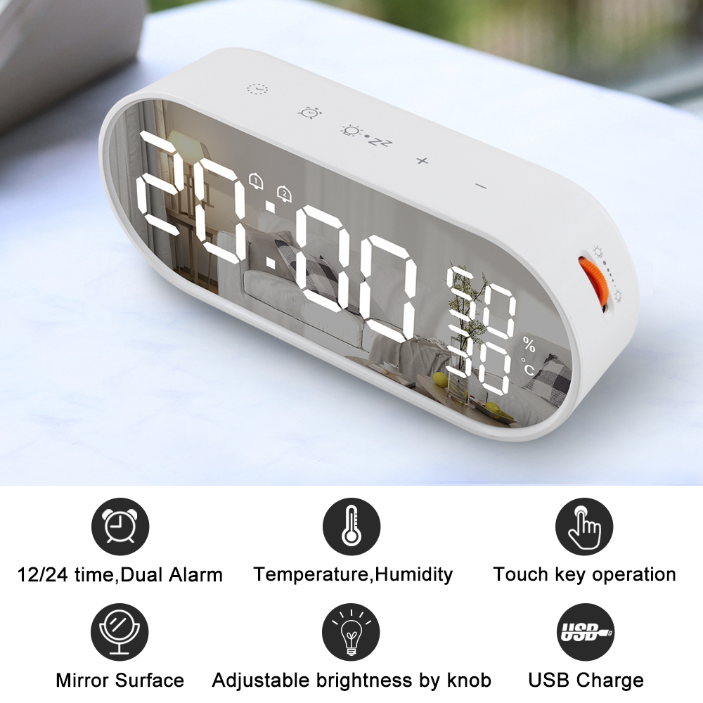 Mirror Digital Alarm Clock Touch Control Table Clock with Snooze Backlight Large LED Display Time Temperature Humidity Detector