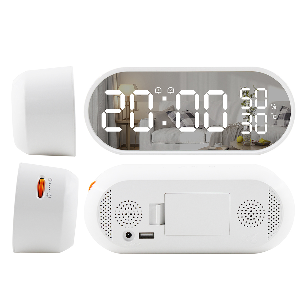 Mirror Digital Alarm Clock Touch Control Table Clock with Snooze Backlight Large LED Display Time Temperature Humidity Detector