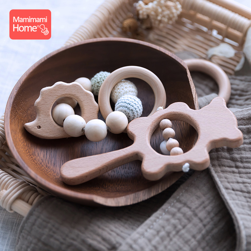1Set Baby Toys Music Rattle Wood Crochet Bead Bracelet Wooden Rodent Chew Play Gym Montessori Baby Teether Products Newborn Gift
