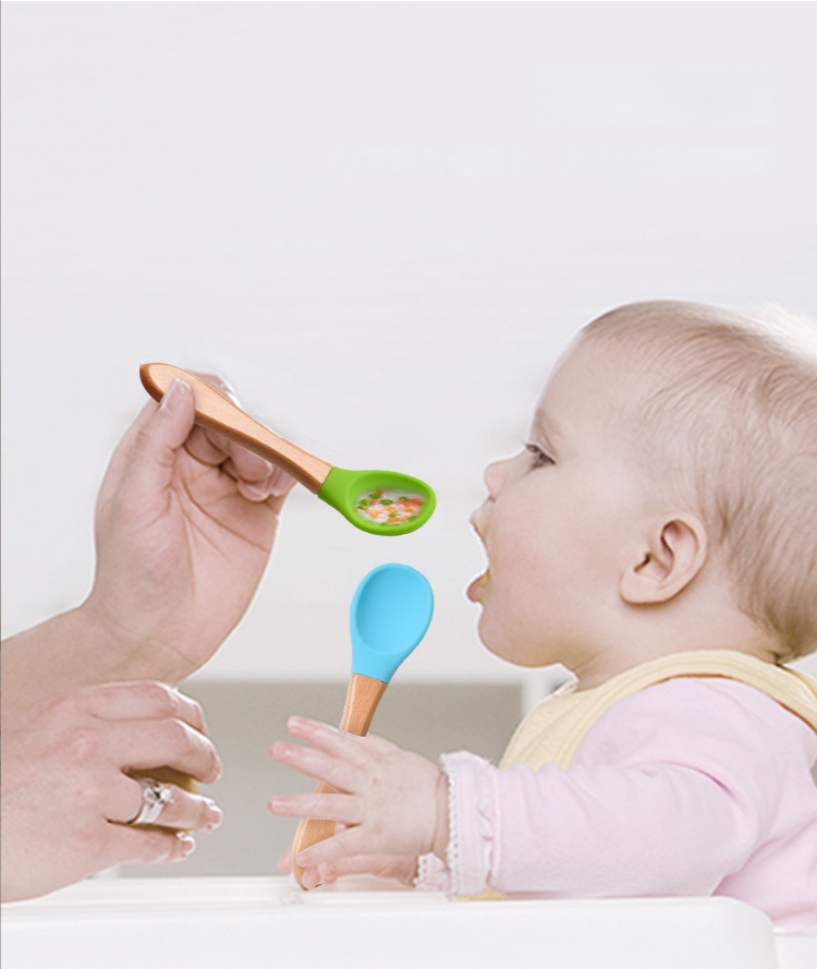 Children's wooden handle silicone spoon fork tableware Baby training food supplement spoon Baby feeding spoon fork