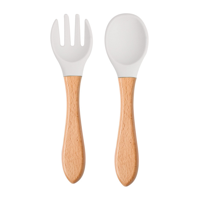 Children's wooden handle silicone spoon fork tableware Baby training food supplement spoon Baby feeding spoon fork