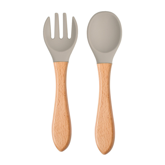 Children's wooden handle silicone spoon fork tableware Baby training food supplement spoon Baby feeding spoon fork