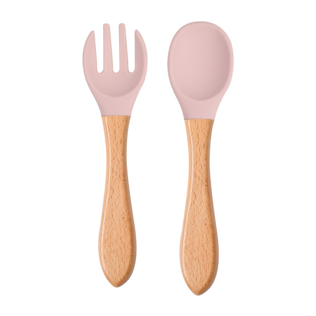 Children's wooden handle silicone spoon fork tableware Baby training food supplement spoon Baby feeding spoon fork