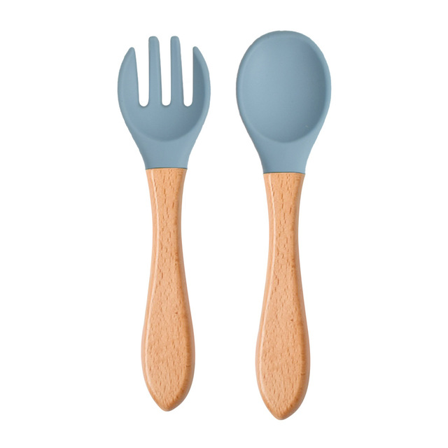 Children's wooden handle silicone spoon fork tableware Baby training food supplement spoon Baby feeding spoon fork