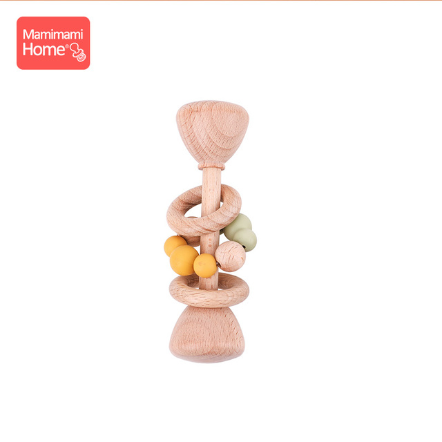 1pc Baby Teether Wooden Music Rattle BPA Free Wooden Gym Ring Rodent Silicone Beads Newborn Educational Montessori Toys For Kids