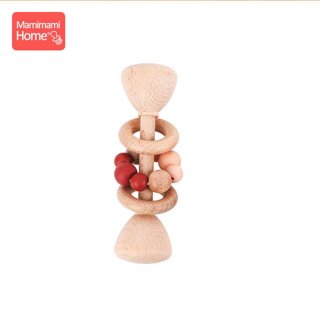 1pc Baby Teether Wooden Music Rattle BPA Free Wooden Gym Ring Rodent Silicone Beads Newborn Educational Montessori Toys For Kids
