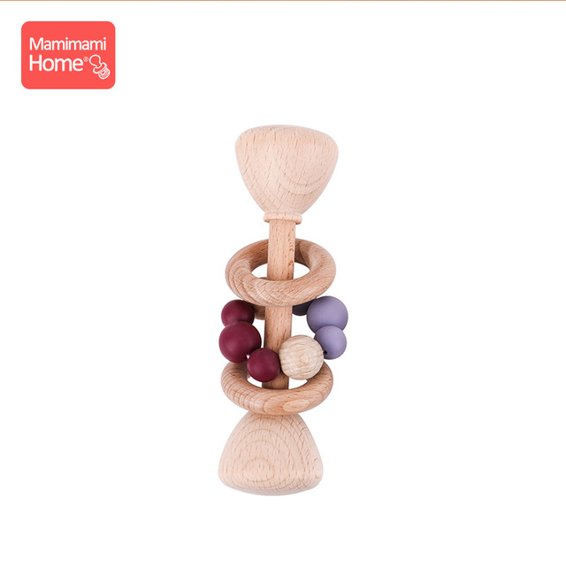 1pc Baby Teether Wooden Music Rattle BPA Free Wooden Gym Ring Rodent Silicone Beads Newborn Educational Montessori Toys For Kids