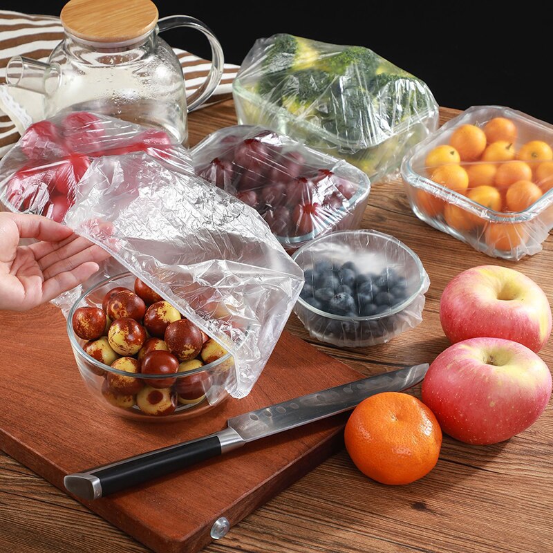100pcs Disposable Food Cover Plastic Wrap Elastic Vegetables Food Lids For Fruit Bowls Cups Caps Storage Kitchen Fresh Keeping Saver Bag Accessories