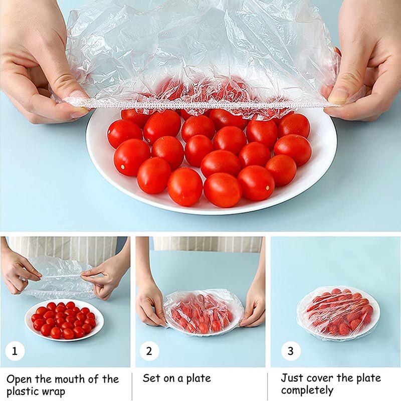 100pcs Disposable Food Cover Plastic Wrap Elastic Vegetables Food Lids For Fruit Bowls Cups Caps Storage Kitchen Fresh Keeping Saver Bag Accessories