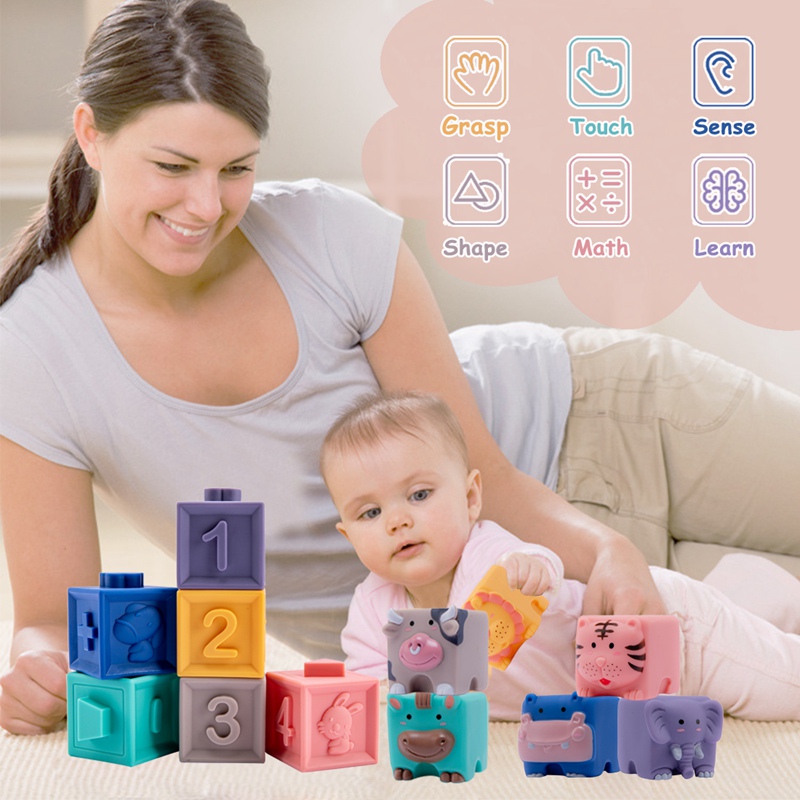 Baby Building Blocks Toys Silicone Soft Sensory Teething Squeeze Toy Food Grade Silicone Building Blocks Newborn Educational Toy