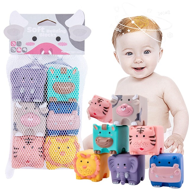 Baby Building Blocks Toys Silicone Soft Sensory Teething Squeeze Toy Food Grade Silicone Building Blocks Newborn Educational Toy