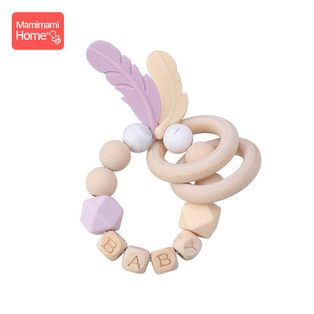 1pc Baby Teether Rattle Silicone Beads Feather Wooden Teether Tiny Rod Baby Mobile Toy BPA Free Customize Silicone Teething Toys