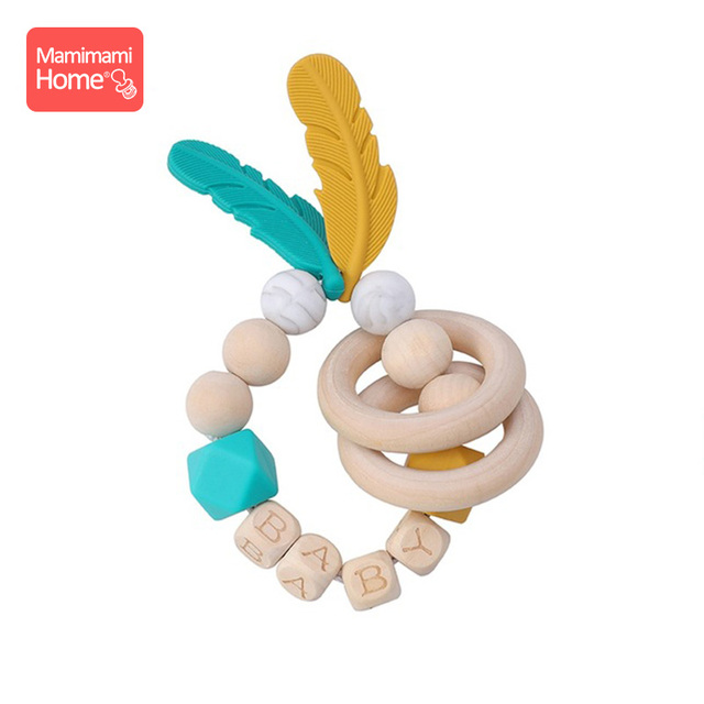 1pc Baby Teether Rattle Silicone Beads Feather Wooden Teether Tiny Rod Baby Mobile Toy BPA Free Customize Silicone Teething Toys