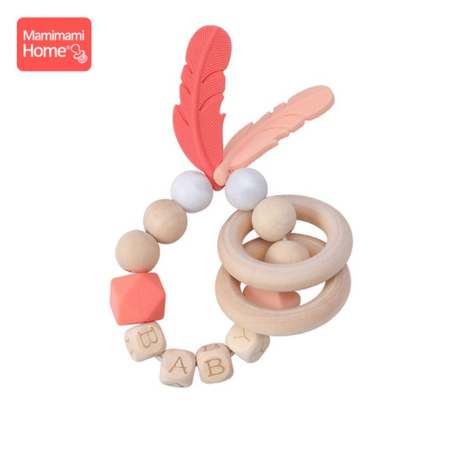 1pc Baby Teether Rattle Silicone Beads Feather Wooden Teether Tiny Rod Baby Mobile Toy BPA Free Customize Silicone Teething Toys