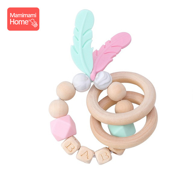 1pc Baby Teether Rattle Silicone Beads Feather Wooden Teether Tiny Rod Baby Mobile Toy BPA Free Customize Silicone Teething Toys