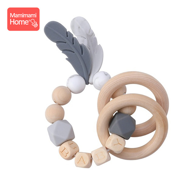 1pc Baby Teether Rattle Silicone Beads Feather Wooden Teether Tiny Rod Baby Mobile Toy BPA Free Customize Silicone Teething Toys