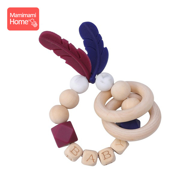 1pc Baby Teether Rattle Silicone Beads Feather Wooden Teether Tiny Rod Baby Mobile Toy BPA Free Customize Silicone Teething Toys
