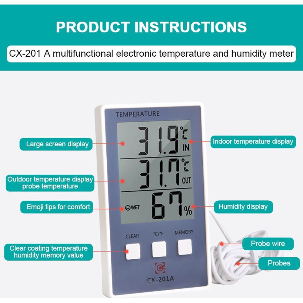 Digital Thermometer Hygrometer Indoor Outdoor Temperature Humidity Meter CX-201A LCD Display Sensor Probe Weather Station