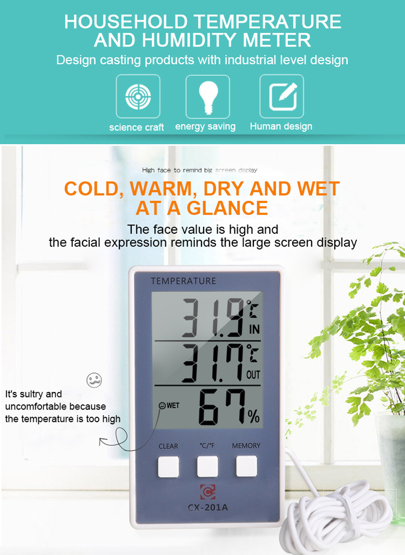 Digital Thermometer Hygrometer Indoor Outdoor Temperature Humidity Meter CX-201A LCD Display Sensor Probe Weather Station