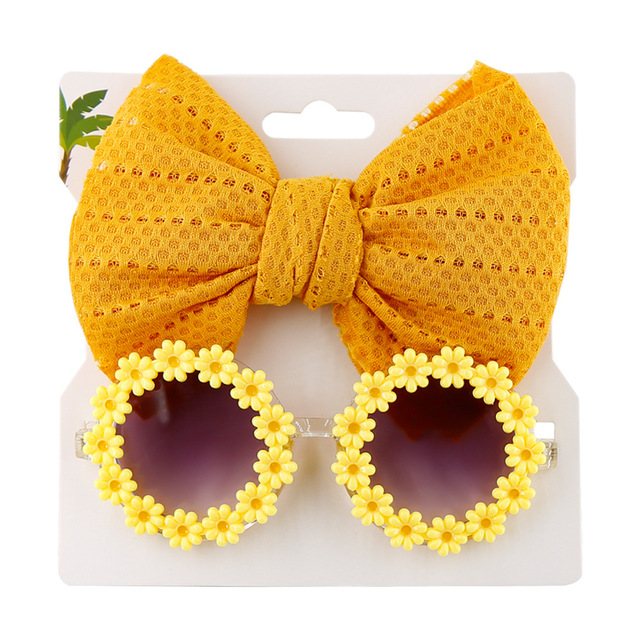 Children's Headbands Sunglasses Set Baby Solid Color Hairbands Round Flower Sunshade Glasses Hollow Hair Accessories for Kids