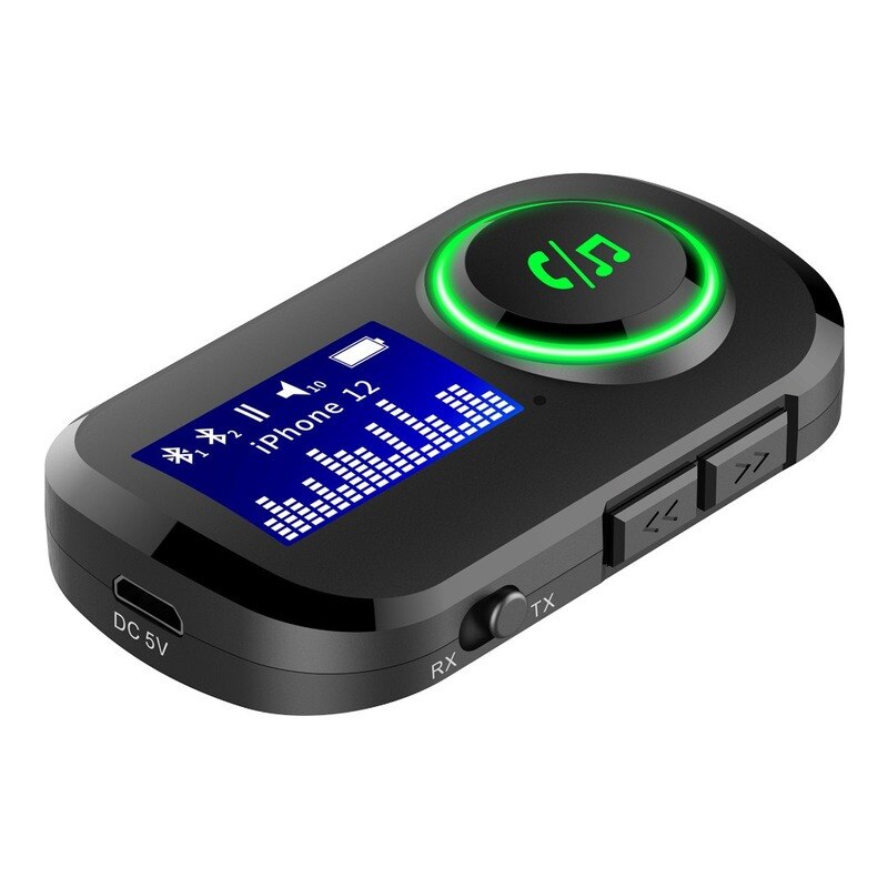 On Board Bluetooth Receiver Transmitter T5 Bluetooth Receiver and Transmitter Combo with Display Built-in Battery 3.5mm Audio Bluetooth Adapter 5.0