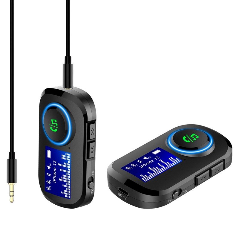 On Board Bluetooth Receiver Transmitter T5 Bluetooth Receiver and Transmitter Combo with Display Built-in Battery 3.5mm Audio Bluetooth Adapter 5.0