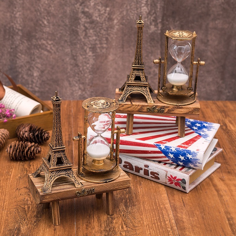 Wooden Retro Eiffel Tower Hourglass Decoration Ornament on Desktop Simple Modern Home Study Pendulum Sand Timer Creative Gifts