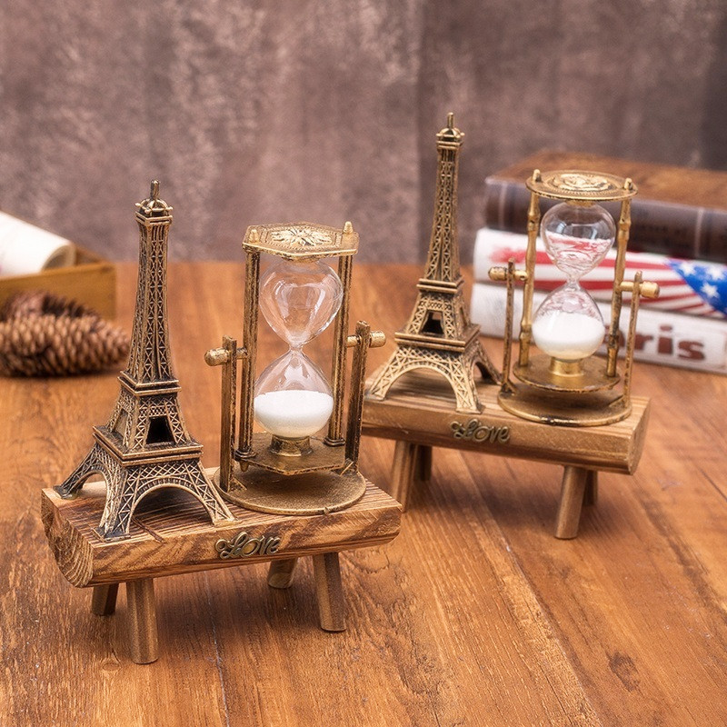Wooden Retro Eiffel Tower Hourglass Decoration Ornament on Desktop Simple Modern Home Study Pendulum Sand Timer Creative Gifts
