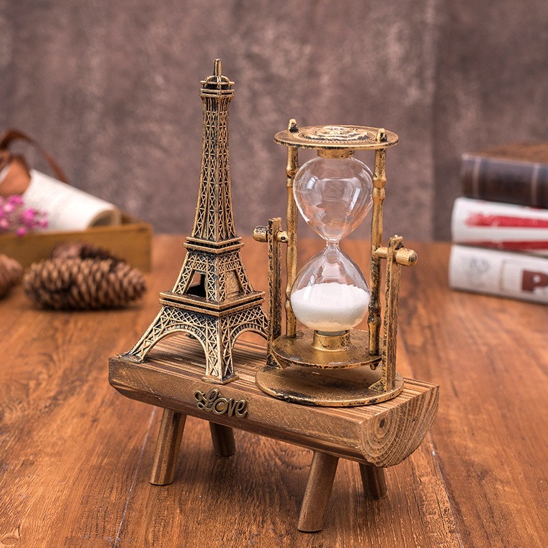 Wooden Retro Eiffel Tower Hourglass Decoration Ornament on Desktop Simple Modern Home Study Pendulum Sand Timer Creative Gifts